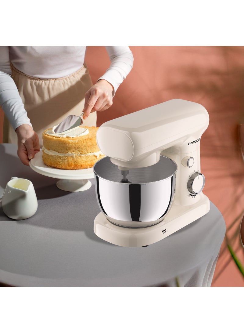 بورودو خلاط كهربائي منزلي (عجانة) برأس مائل، وعاء ستانلس ستيل سعة 2 لتر، 3 رؤوس ملحقة (مخفقة ستيل، مضرب مسطح، خطاف عجين)، صانعة كيك بقوة 400 واط، 10 مستويات للسرعة - أبيض - Image 3